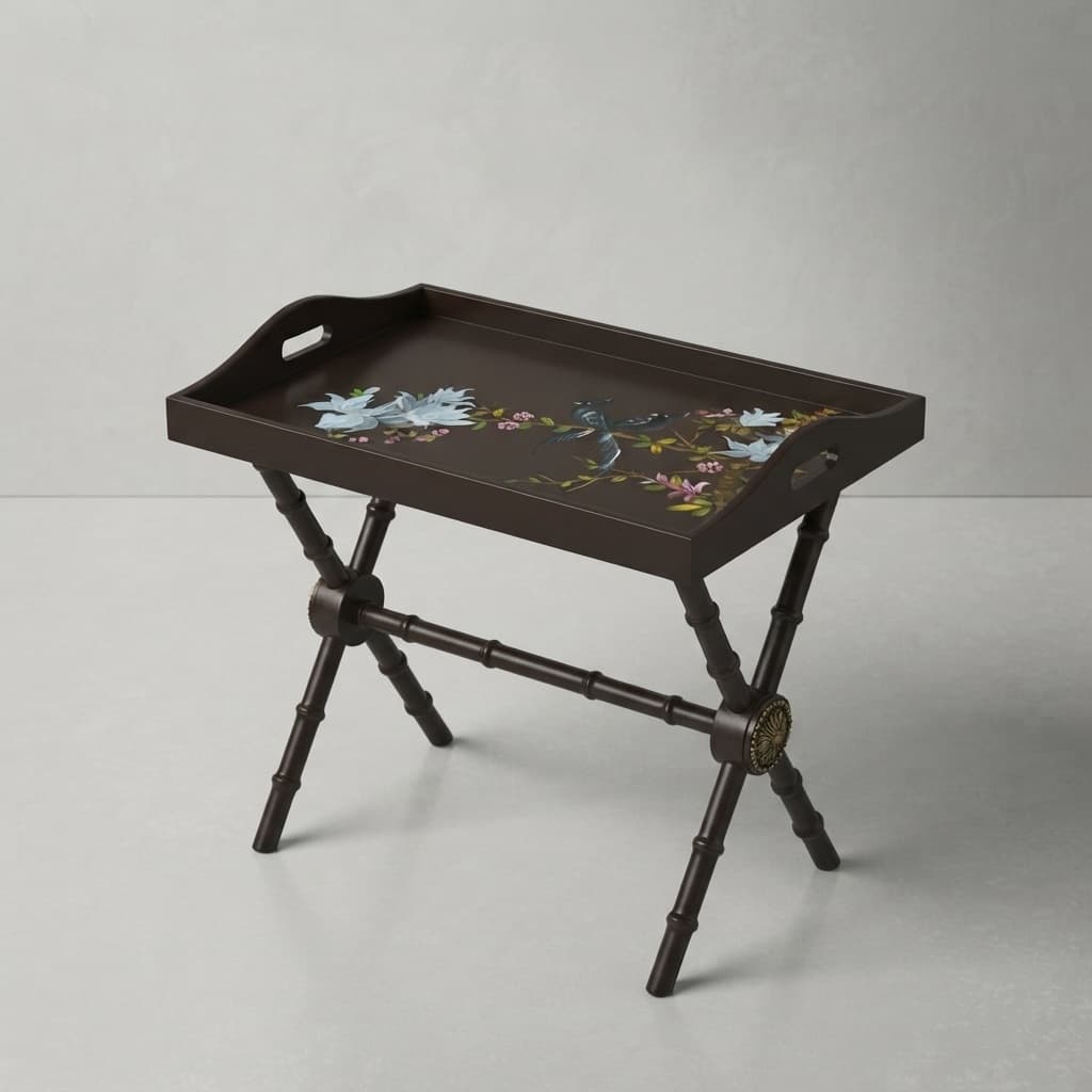 Bamboo-turned legs and brass medallion detail on Azure Songbird tray table