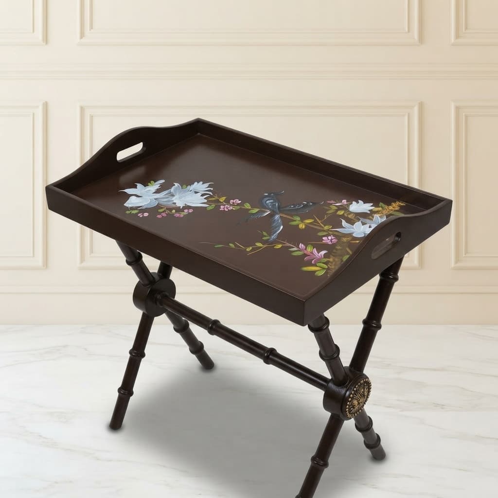 Close-up of hand-painted bird artwork on Azure Songbird tray table