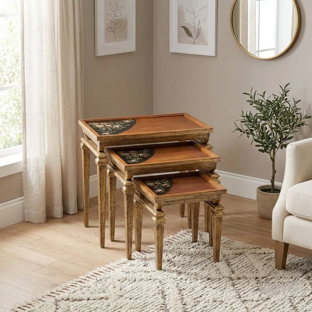 Golden Slatted Floral Nesting Tables