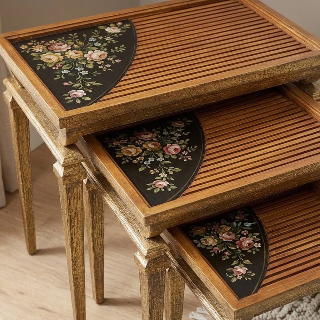 Set of three wooden nesting tables with black floral panel and turned fluted legs