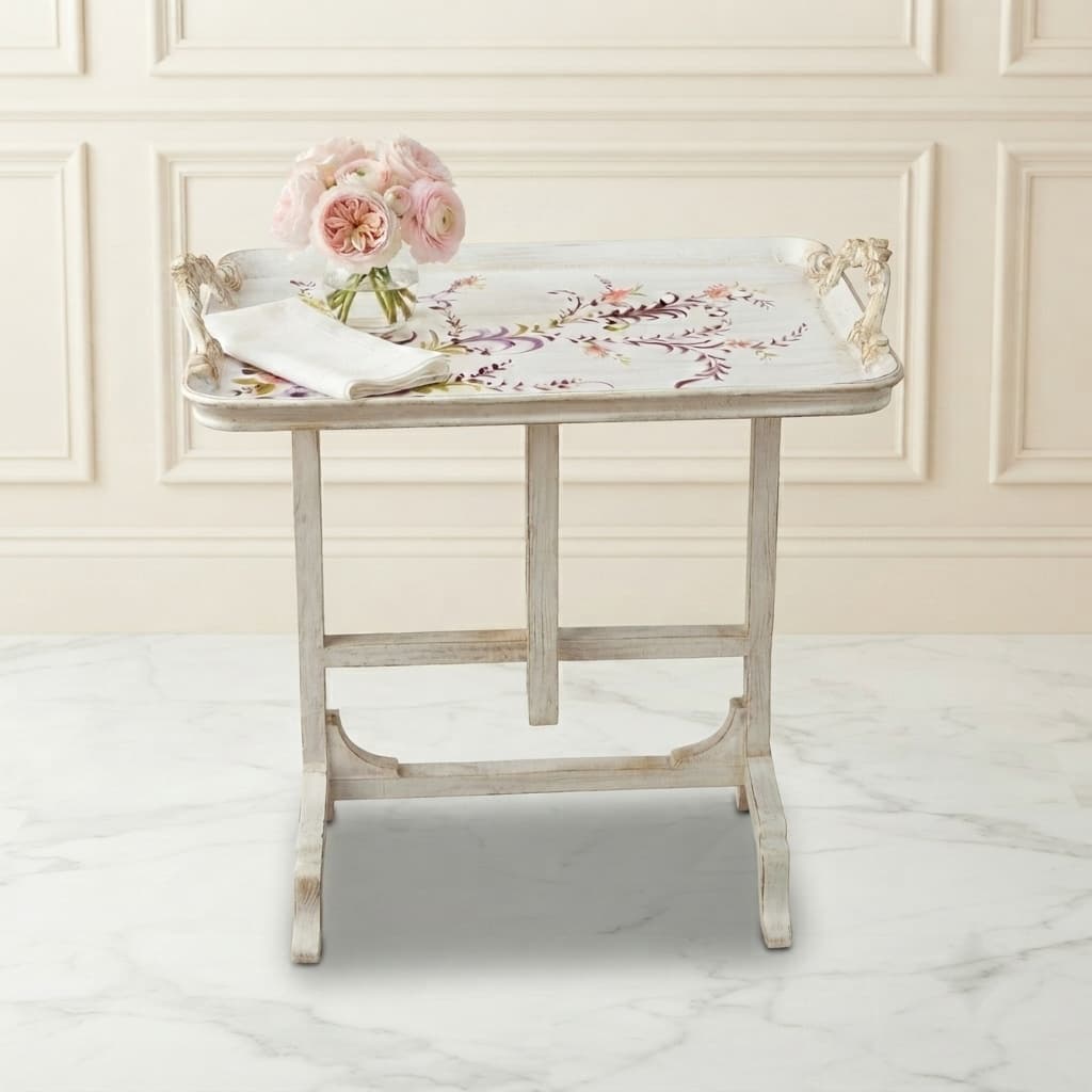 Heirloom Petal tray table styled with tea set on cream background
