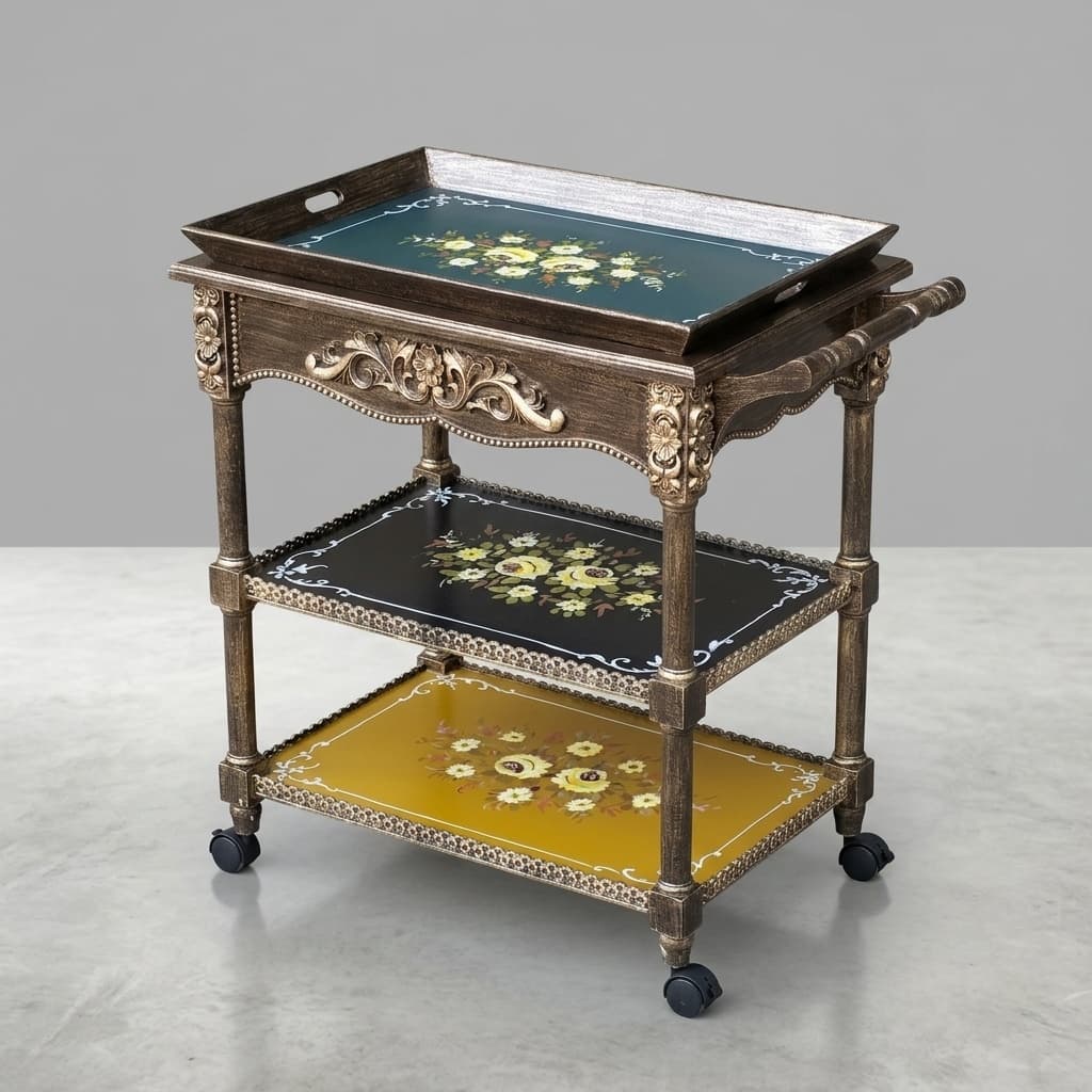 Close-up of hand-painted floral artwork on Verona Floral Serving Trolley