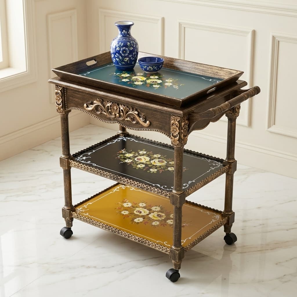 Verona Floral Serving Trolley styled with blue pottery decor