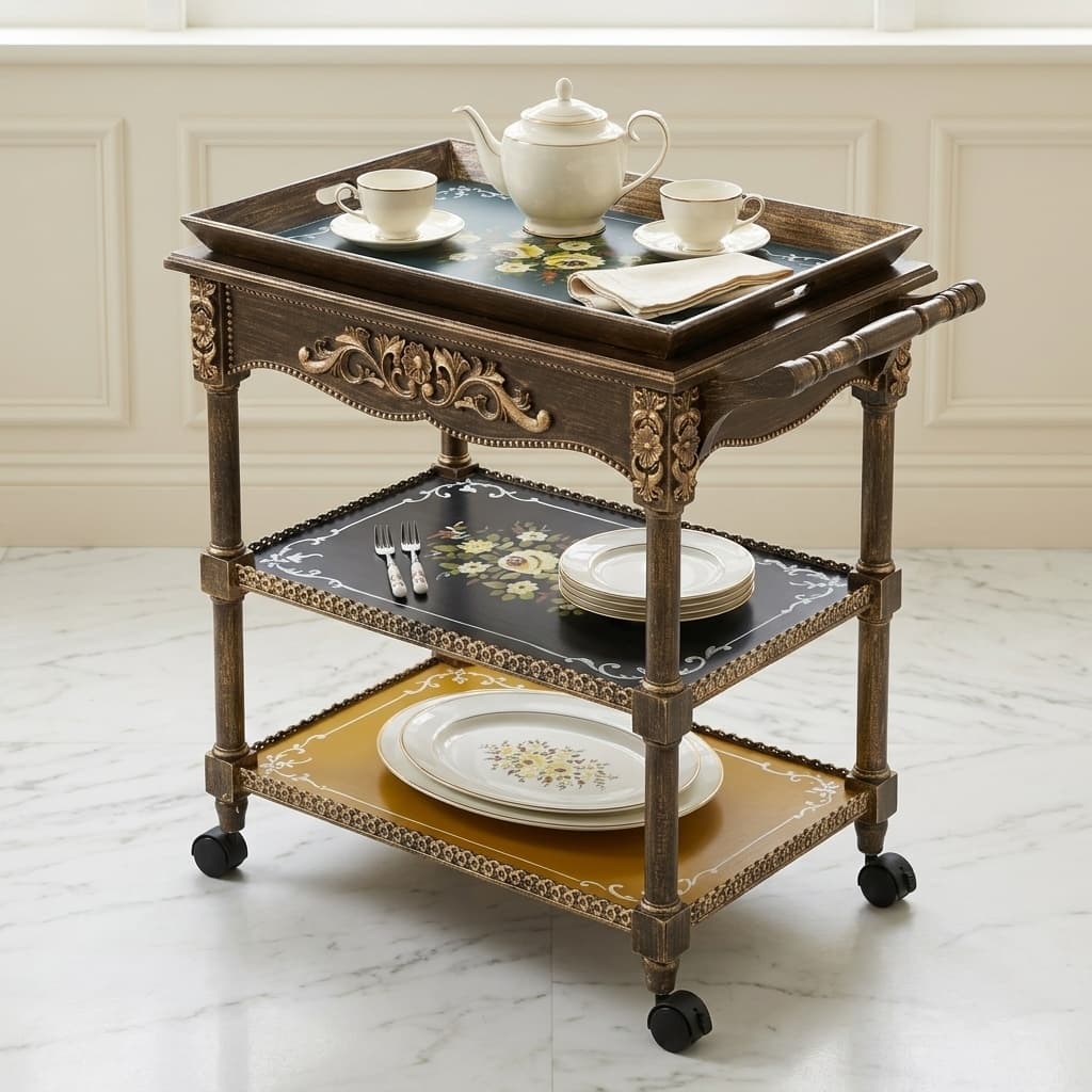 Ornate carved frame and caster wheels detail on Verona Floral Serving Trolley