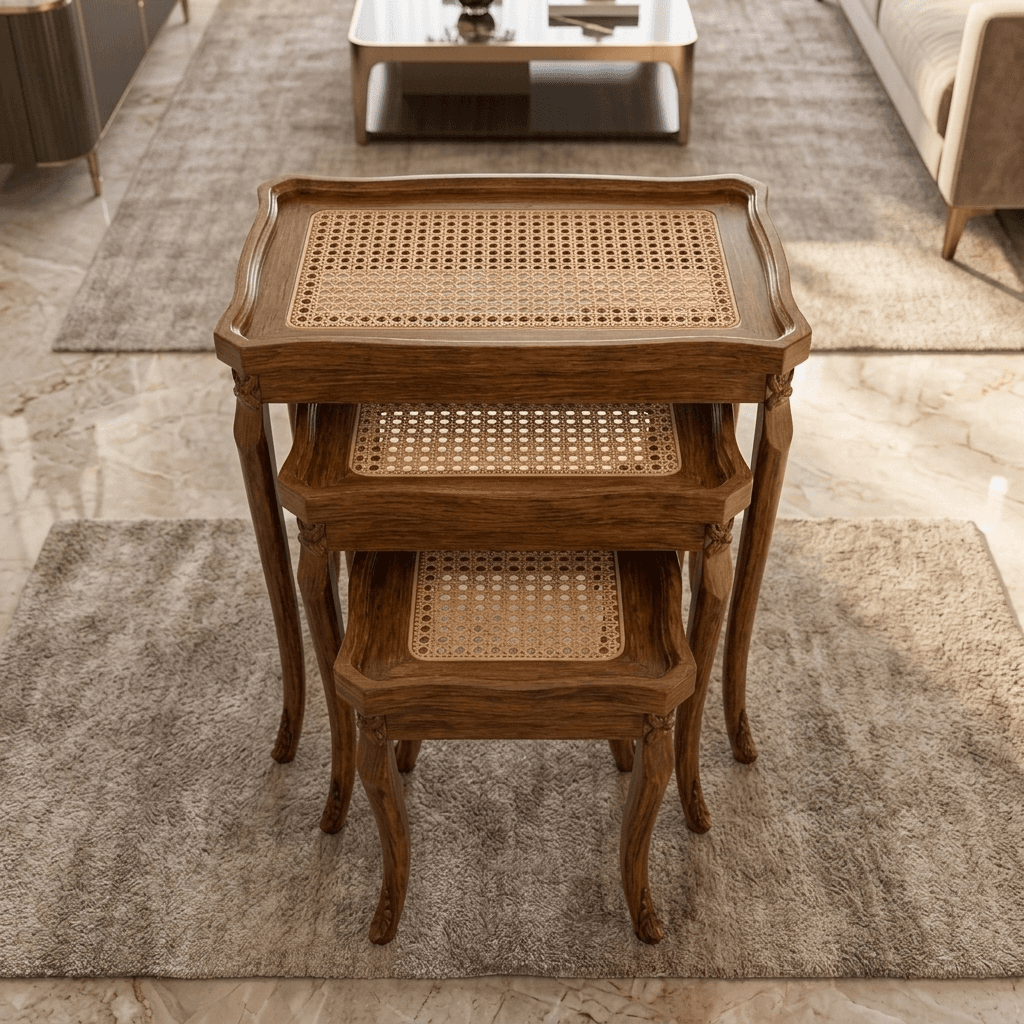 Victorian Cane Wooden Nesting Table