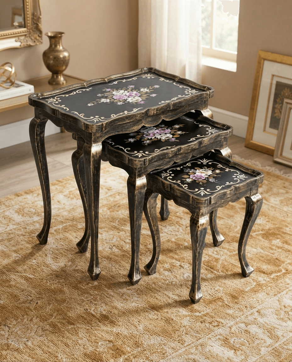 Midnight Bloom Wooden Nesting Tables