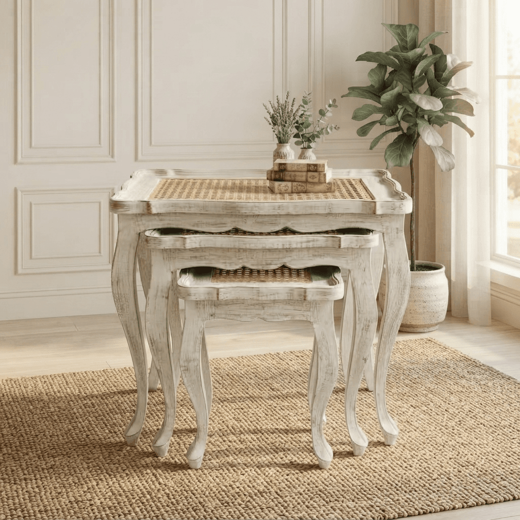 Nordic Cane Wooden Nesting Table