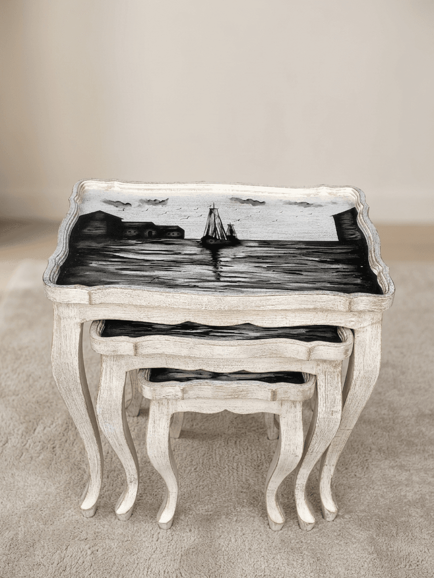 Antique white nesting side tables featuring black and white hand-painted ship silhouette artwork