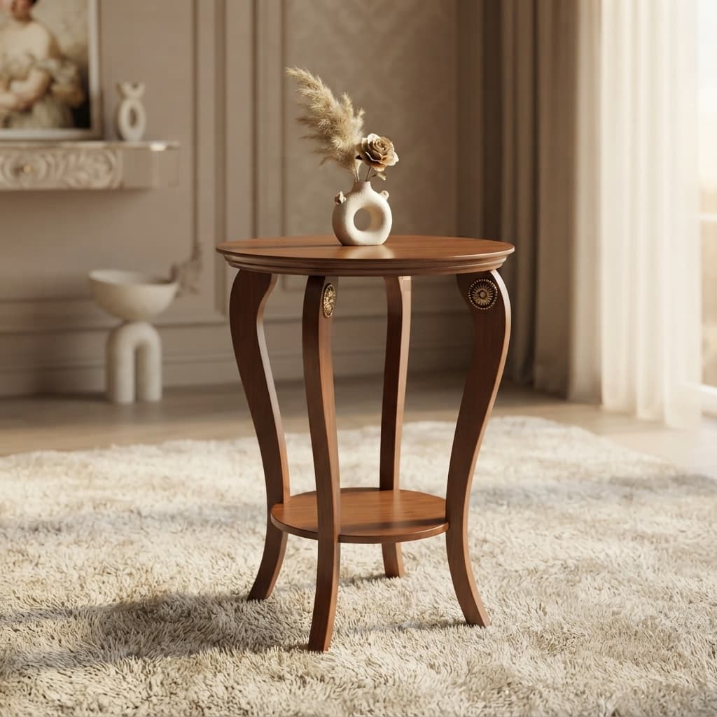 Hand-painted solid wood round end table featuring curved cabriole legs and lower shelf