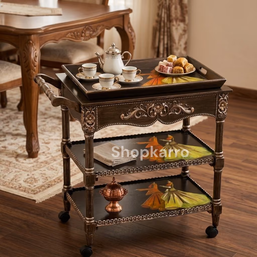 Antique-style wooden tea trolley with hand-painted dancer artwork and caster wheels