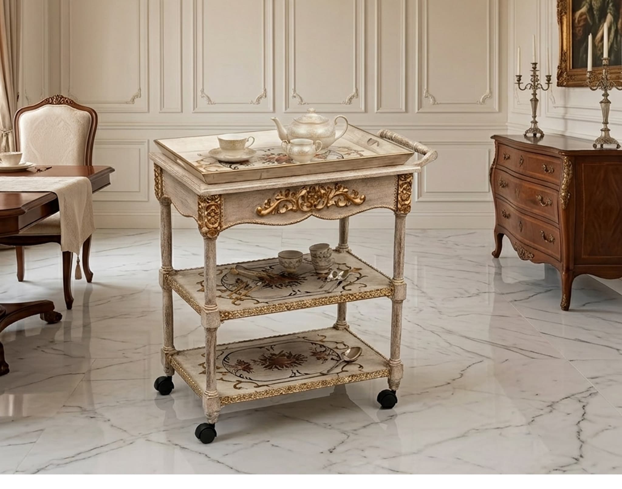  Imperial Floral Wooden Tea Trolley – Removable Tray