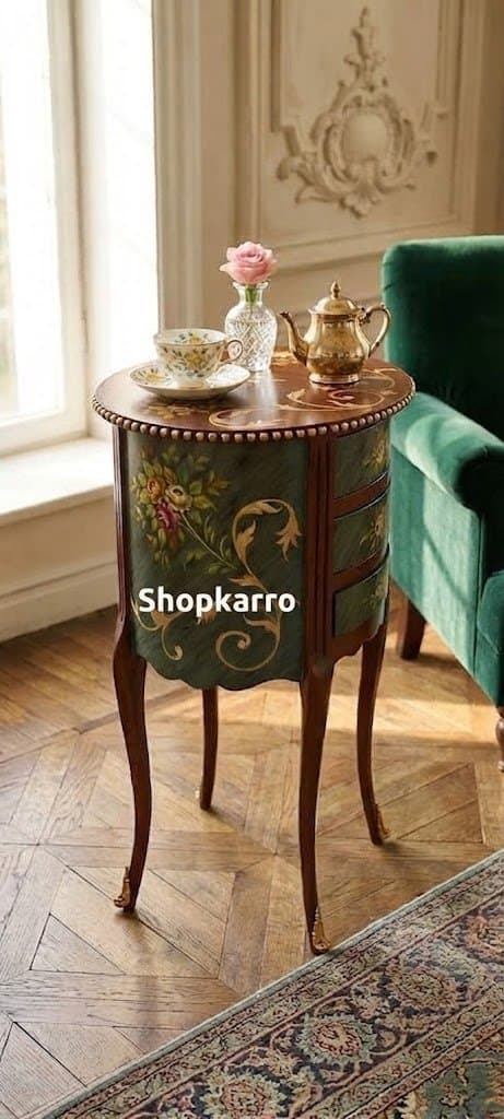 "Close-up of Royal Atelier Table drawers showing hand-painted rose detailing"