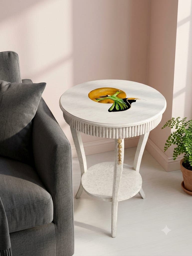 "Rumi's Raqs Wooden Table with ribbed edge detailing and brass accents, displayed near soft green sofa in contemporary home setting