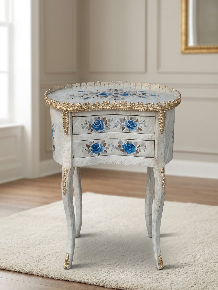 Venetian Petals hand-painted wooden side table with ornate blue roses and brass trim"