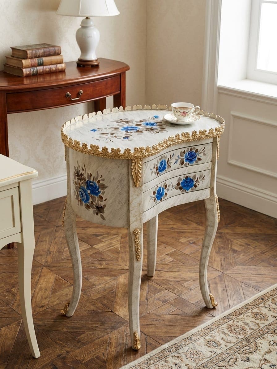 "Premium wooden accent table with hand-painted floral design and decorative brass accents"