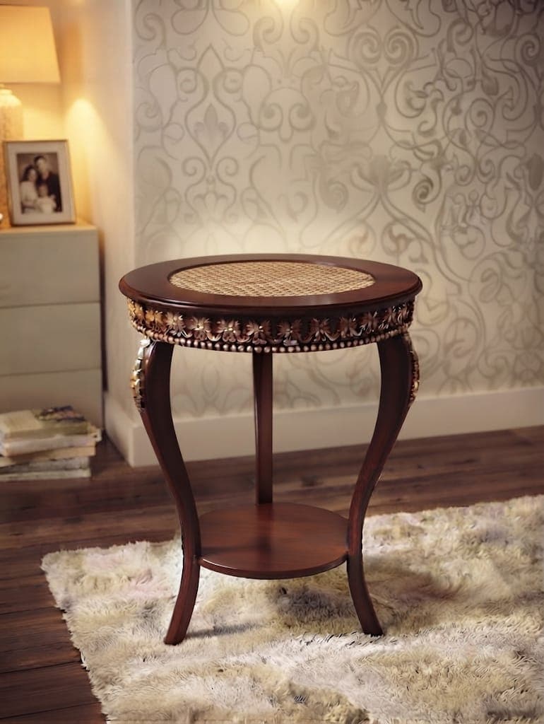 Mahogany Sheen Wooden Cane End Table with hand-carved mahogany wood and cane inlay top