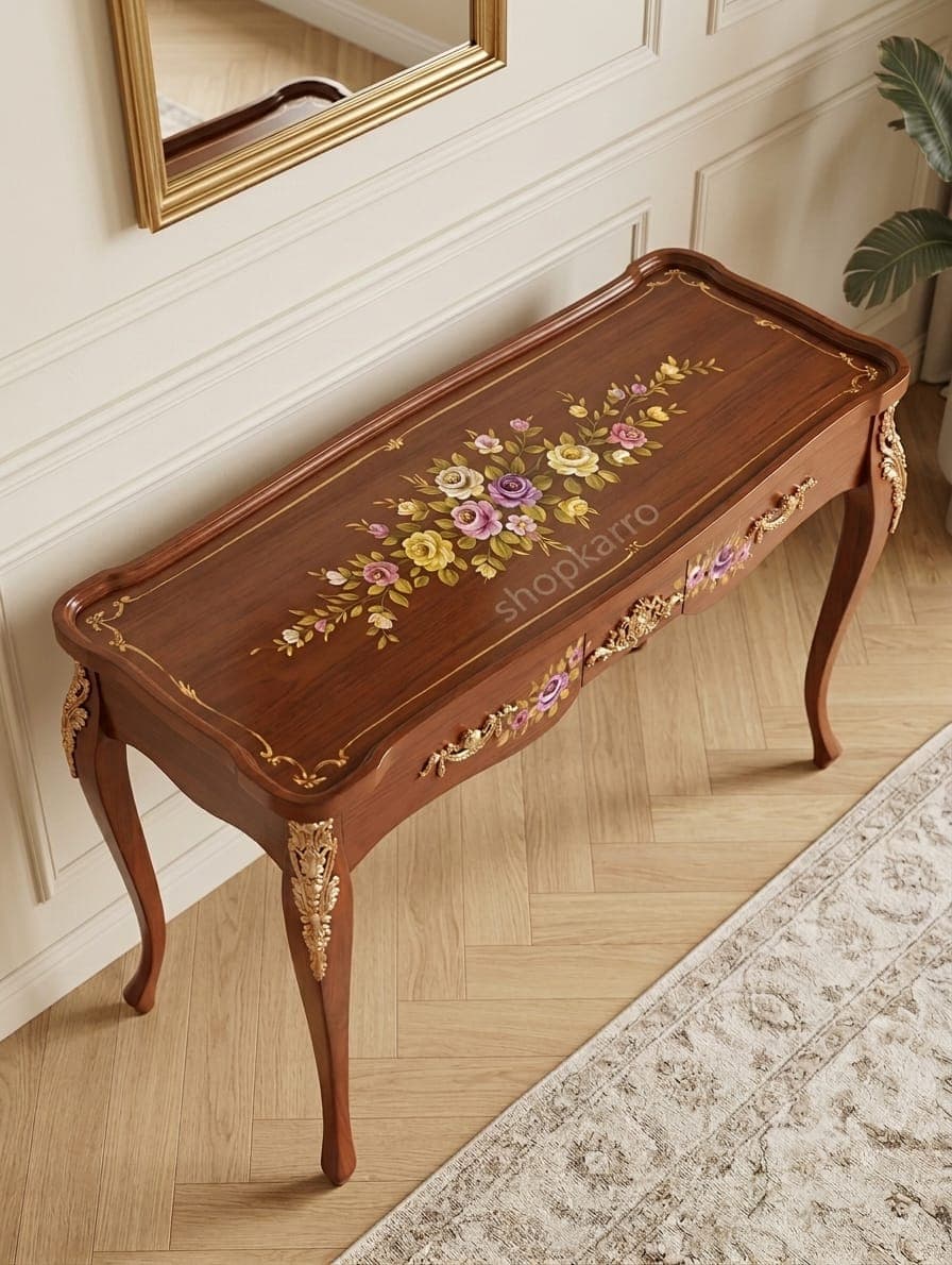 "Elegant  console wooden table with hand-painted purple floral design and ornate gold carvings on wavy front panel"