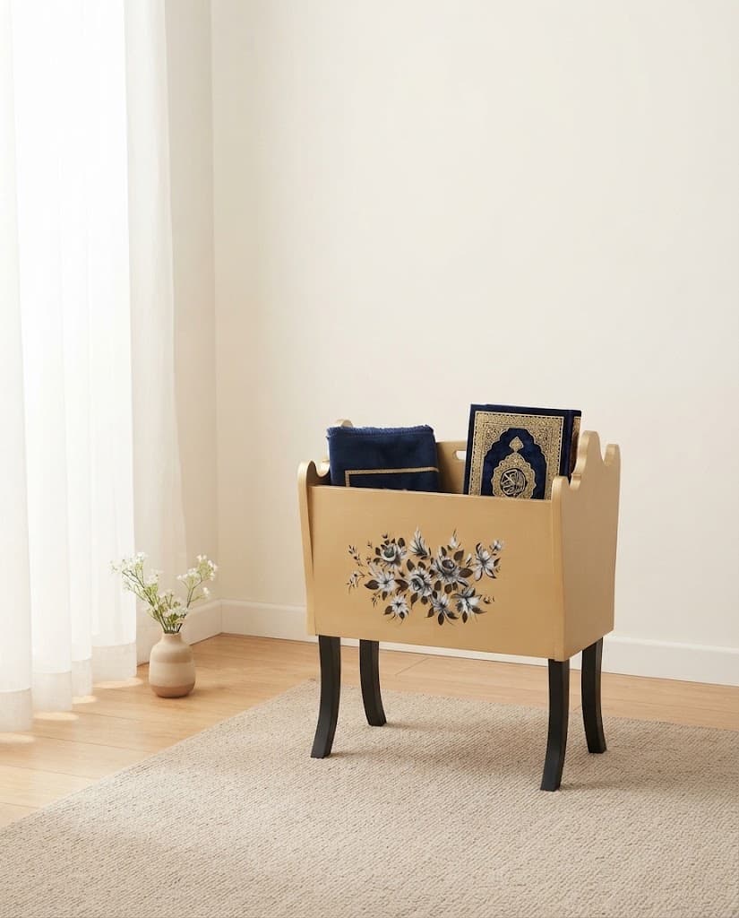 "Beige Namaz Prayer Box with Hand-Painted Floral Patterns, Carrying Handles, and Black Wooden Legs"