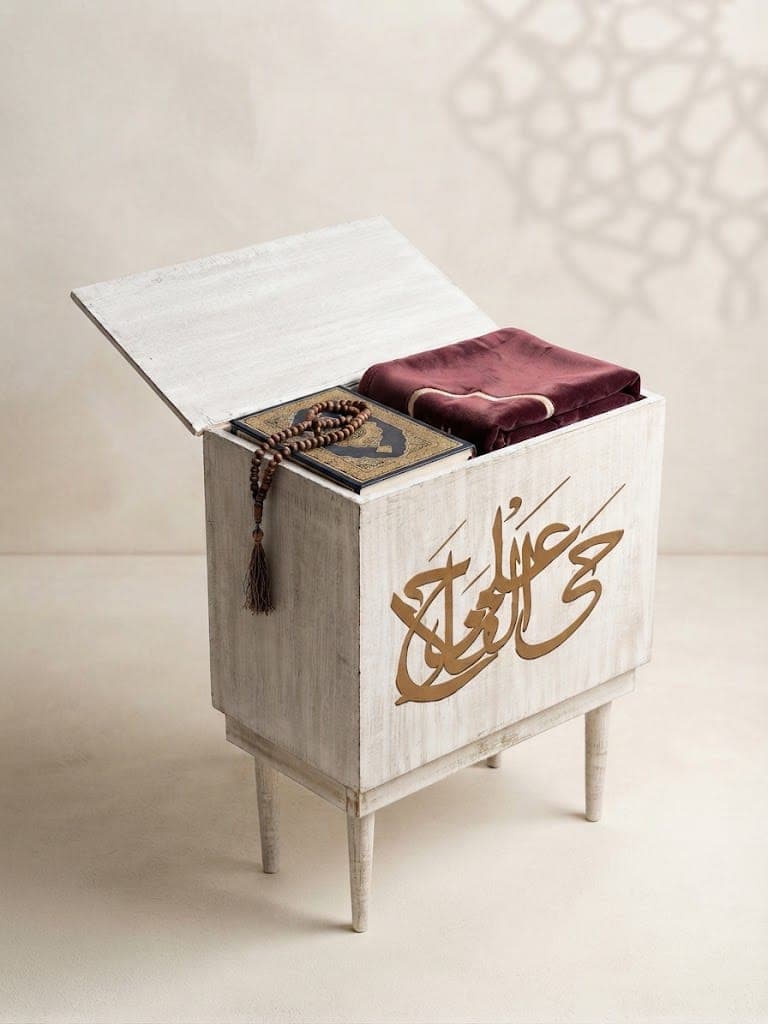 Al-Salah prayer box open showing interior compartments with prayer mat and tasbih beads storage