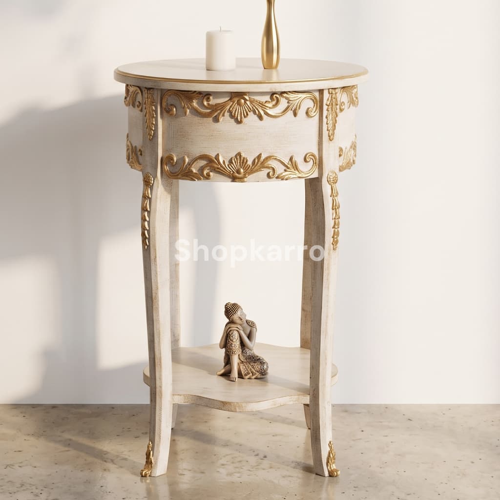 Front view of Ivory Gold Wooden Table showing ornate gold carved apron, two-tier design and curved gold claw feet