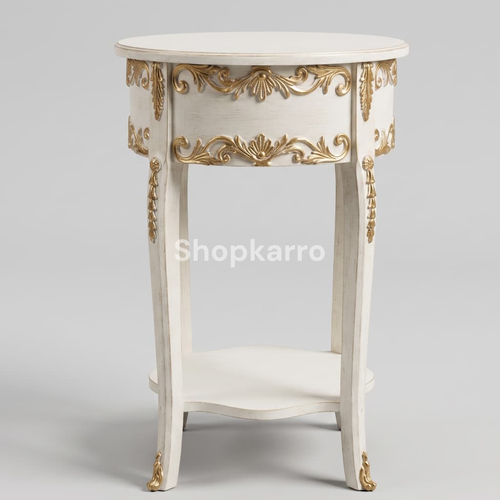 Angled view of Ivory Gold Wooden Table showing circular body depth, gold carved circumference apron and lower shelf