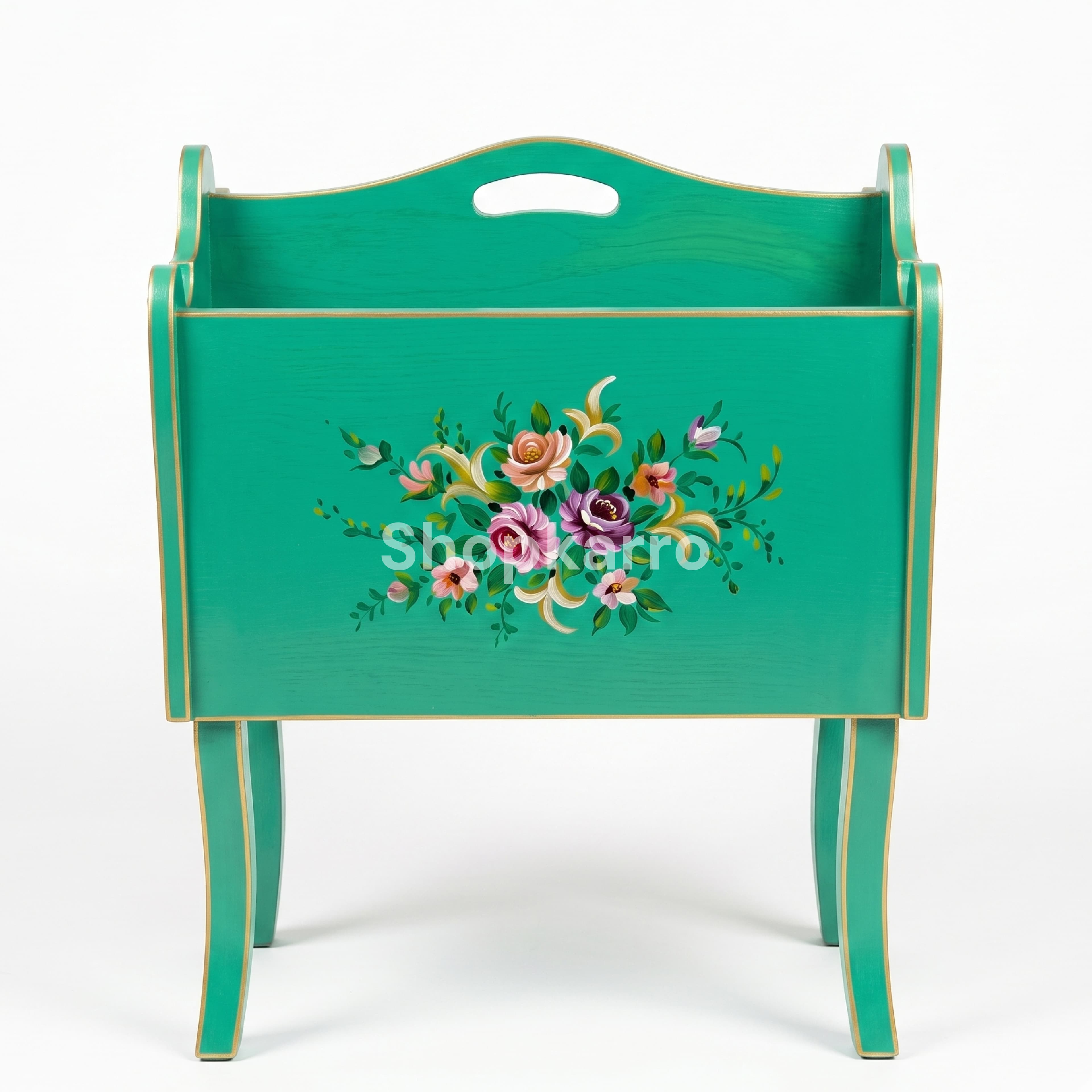 Jaye namaz stand hand-painted flowers teal wood Pakistan