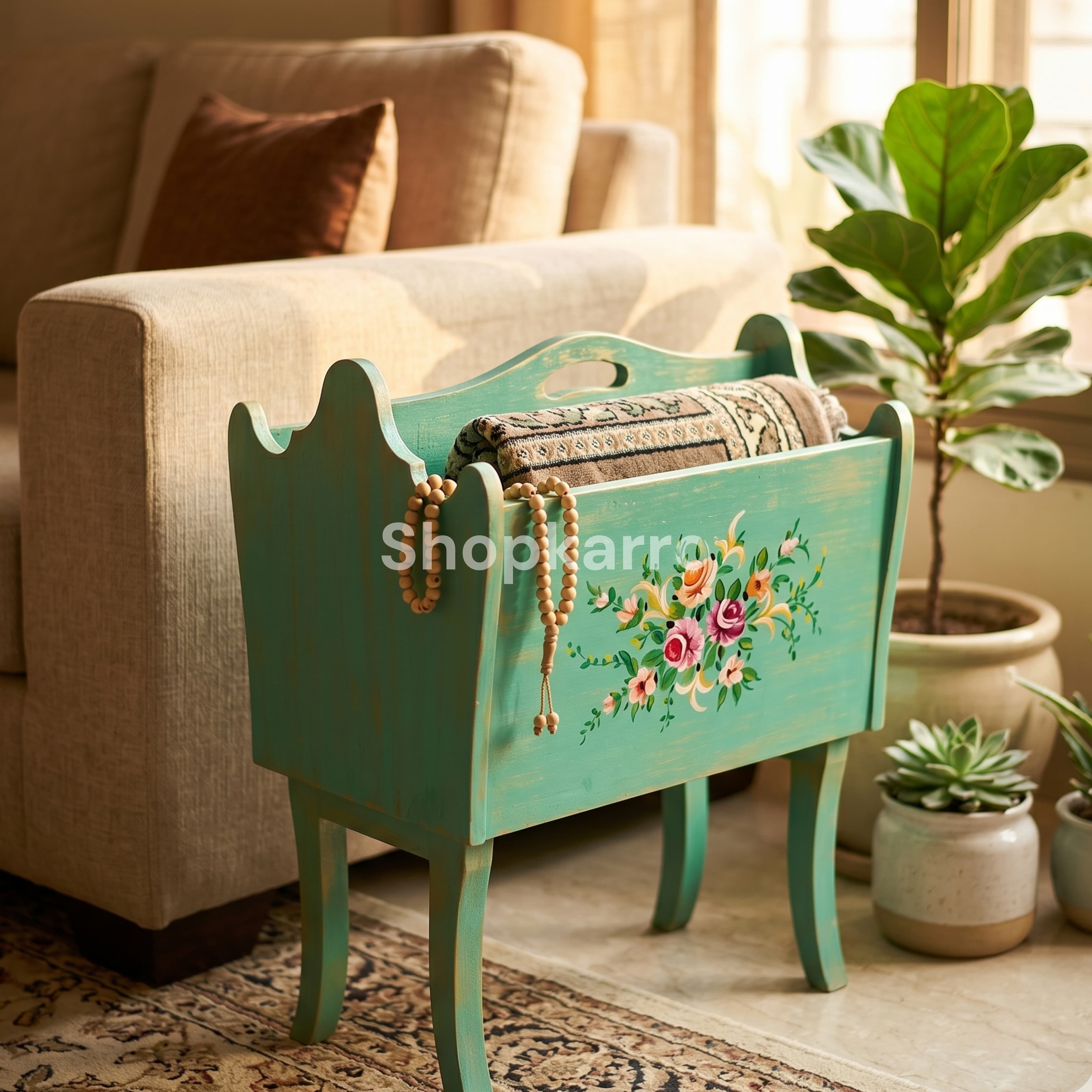 Teal wooden prayer mat holder Quran stand Pakistani home decor