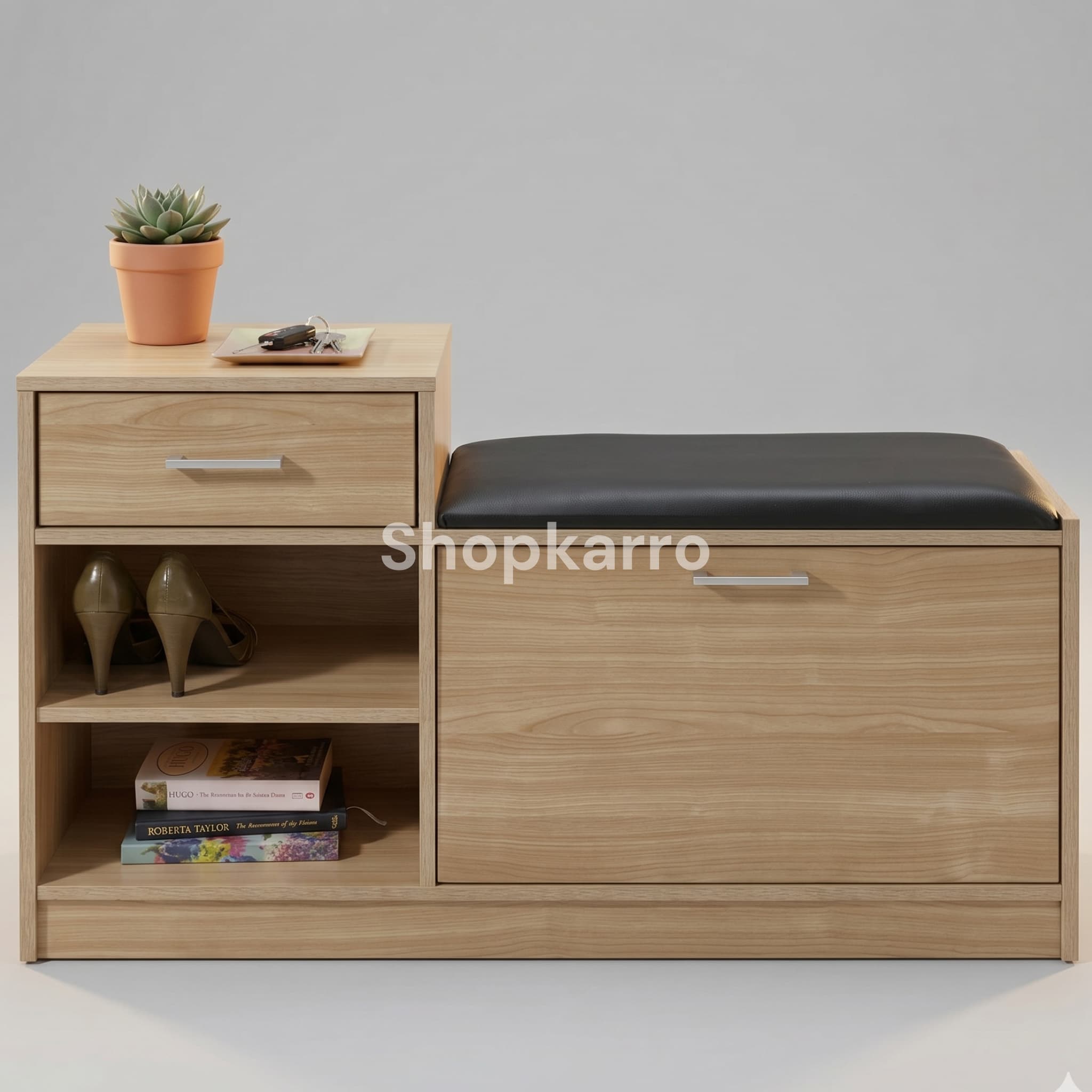 Front view of Nova Step Shoe Bench showing oak finish, left tower drawer, open shelves and right padded bench seat