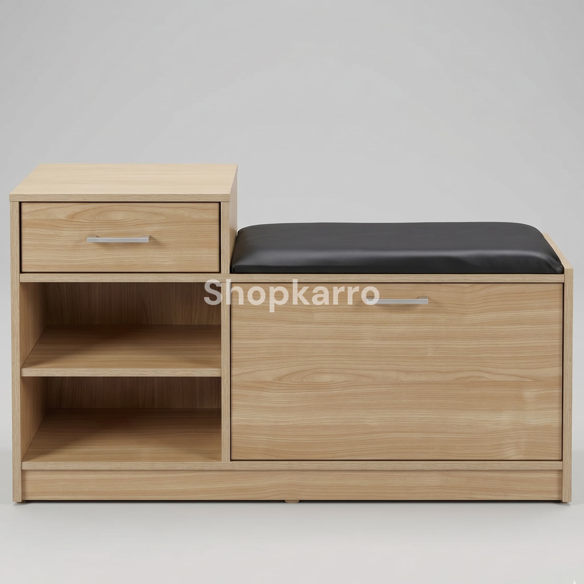 Front view of Nova Step Shoe Bench showing oak finish, left tower drawer, open shelves and right padded bench seat