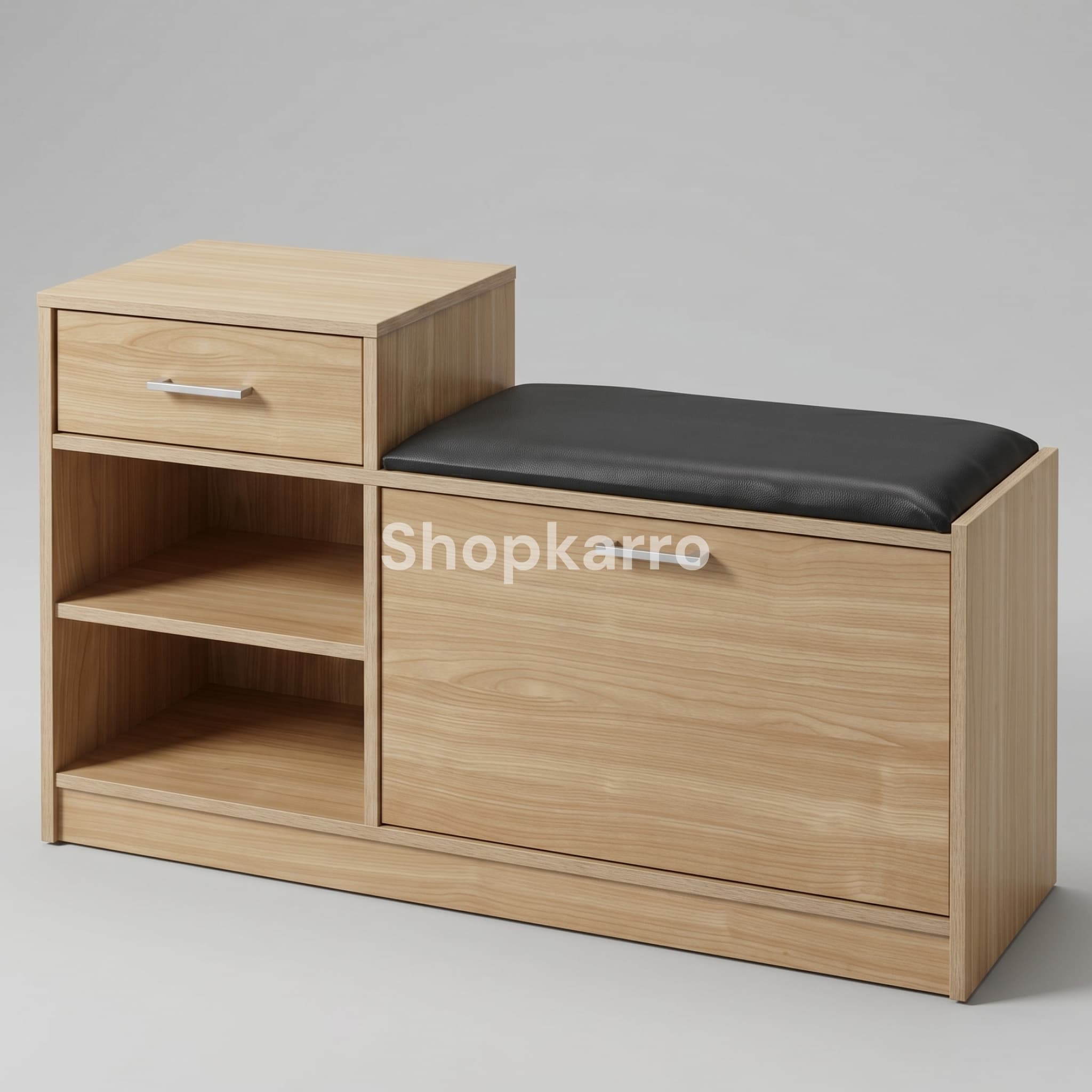 Nova Step Shoe Bench styled with plant on tower top, shoes on shelves and keys tray