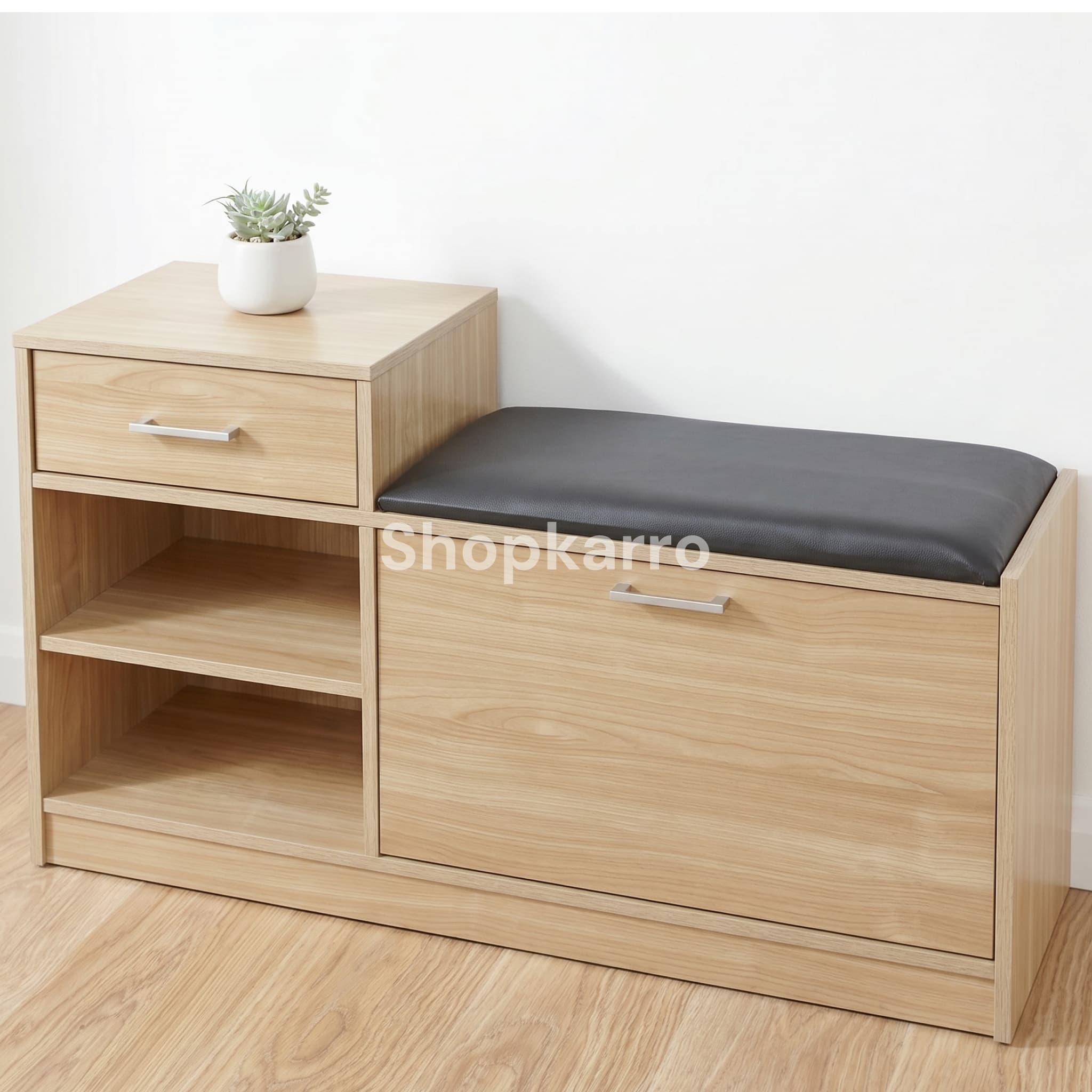 Angled view of Nova Step Shoe Bench showing slim depth profile, PVC edging and silver bar handles