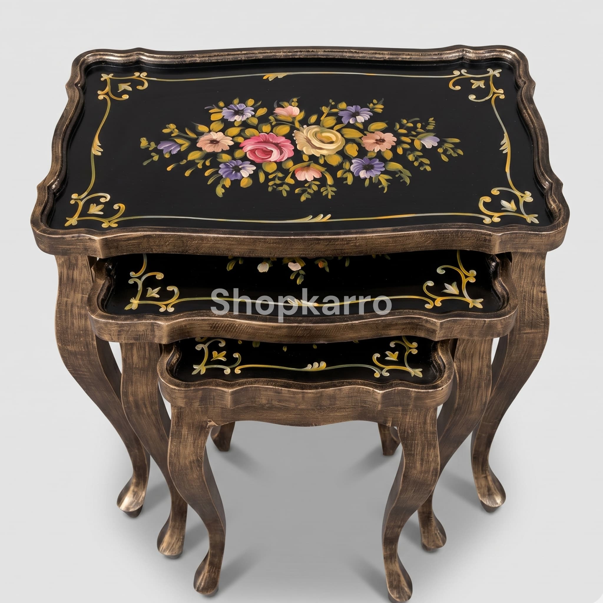 All three Sable Blossom Nesting Tables in horizontal row showing graduating sizes and full front view