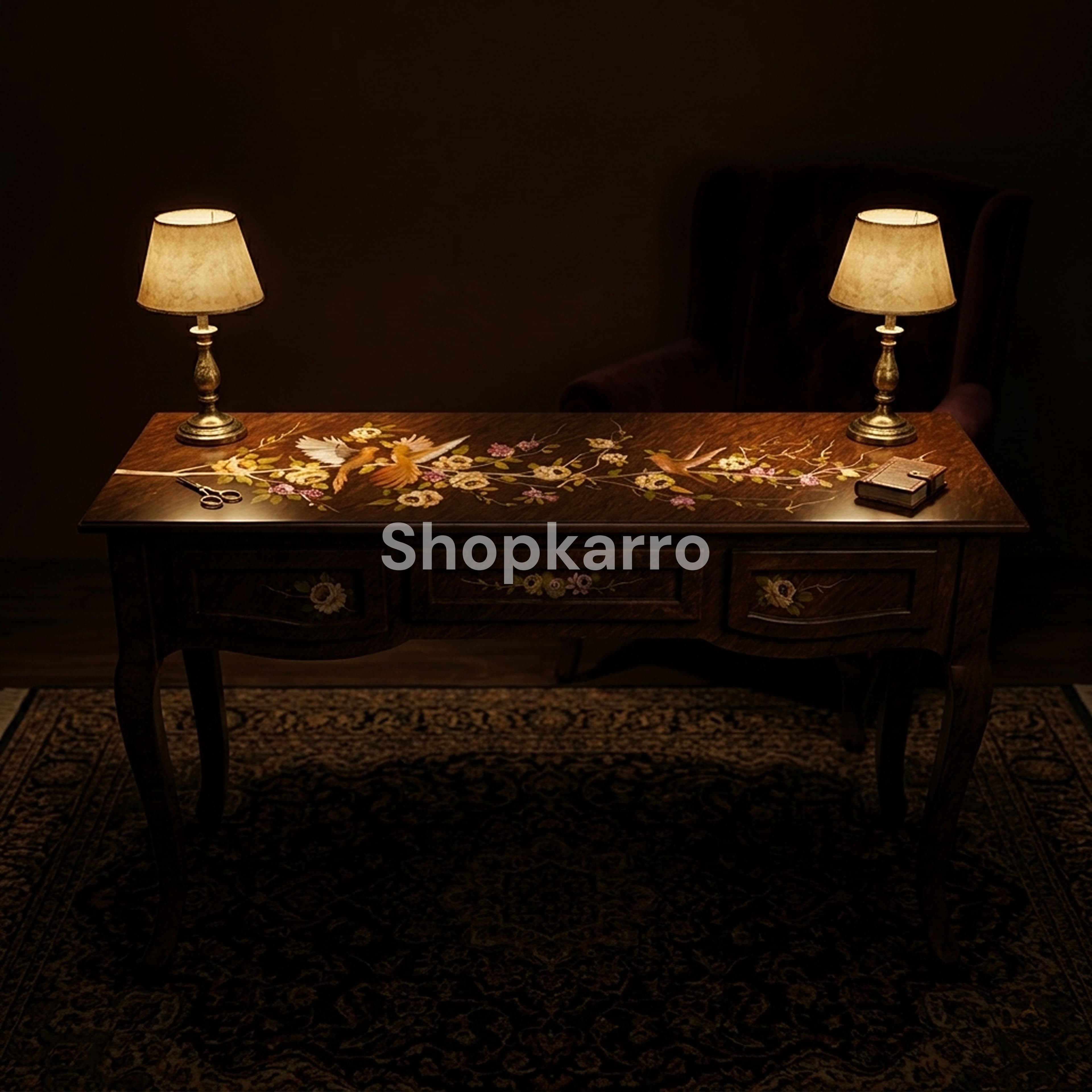 Nova Console front view three drawers floral motifs walnut finish