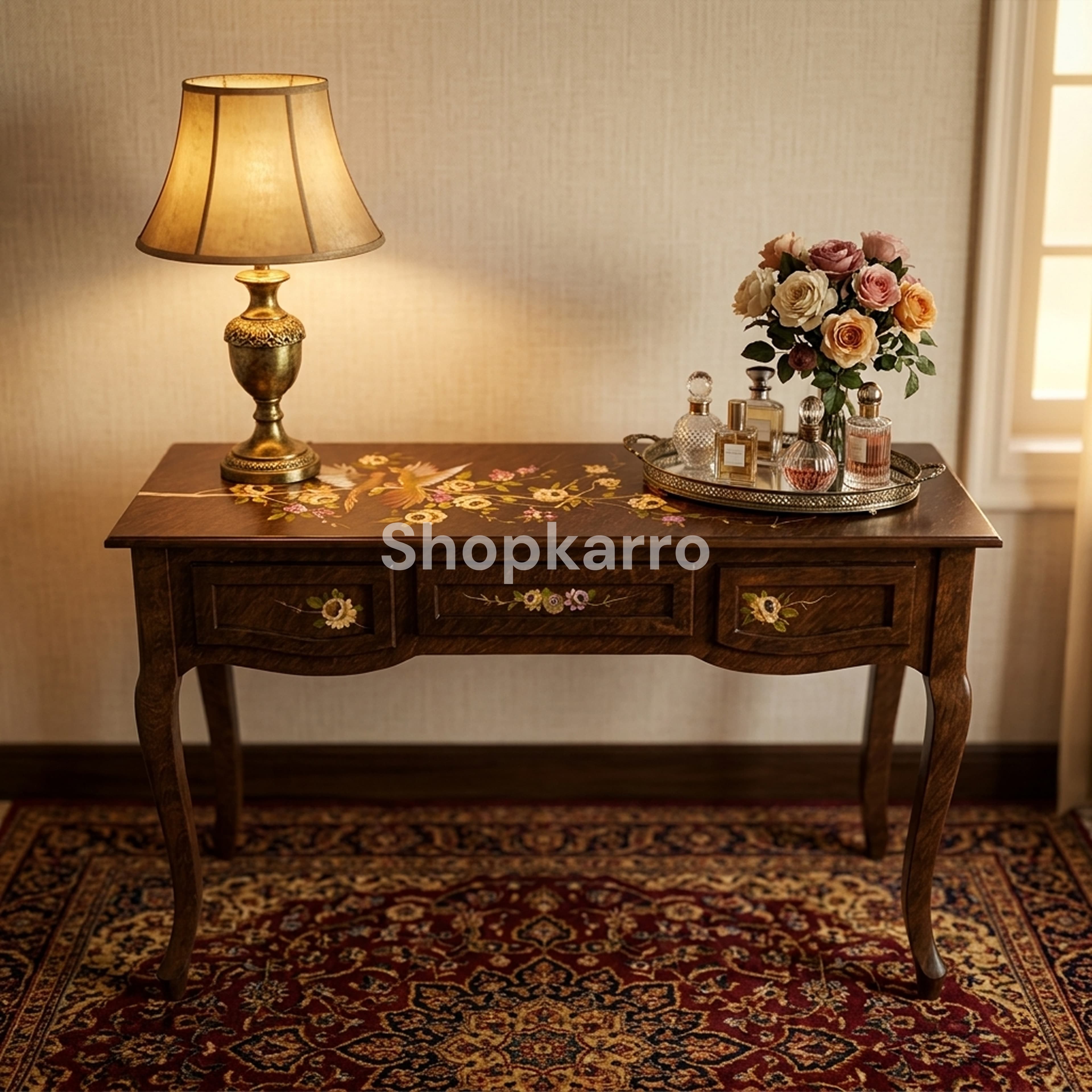 Walnut console table hand-painted nature scene entryway Pakistan