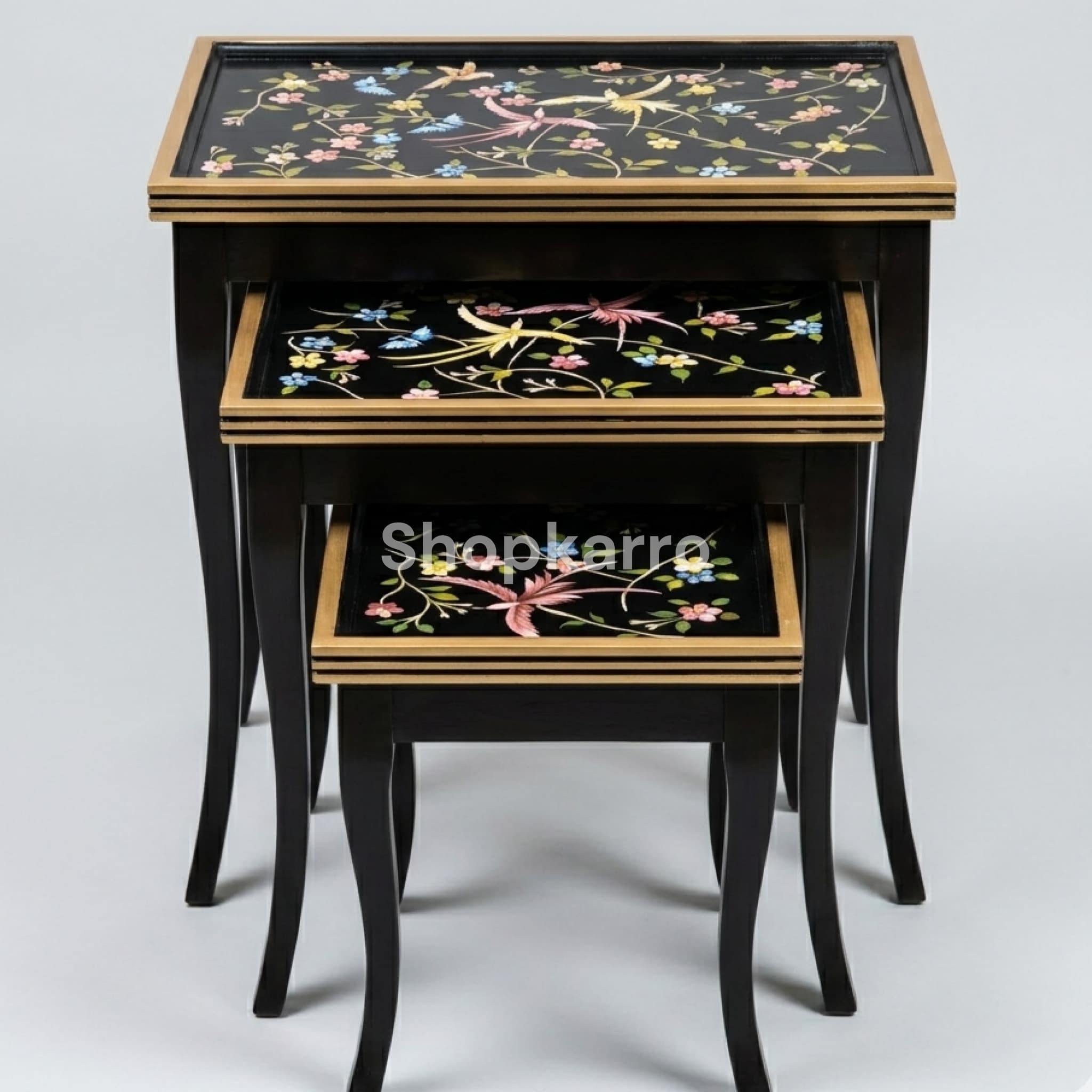 All three Mystic Nature Nesting Tables in horizontal row showing graduating sizes and individual bird compositions