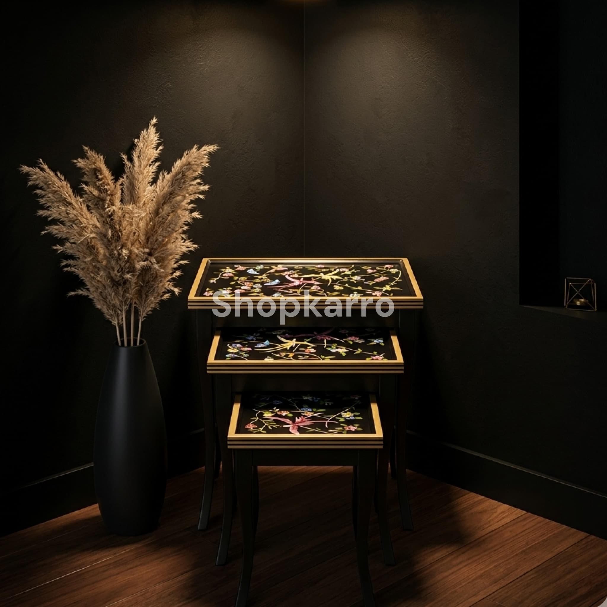 Mystic Nature Nesting Tables pulled out in front of dark velvet sofa in luxury living room