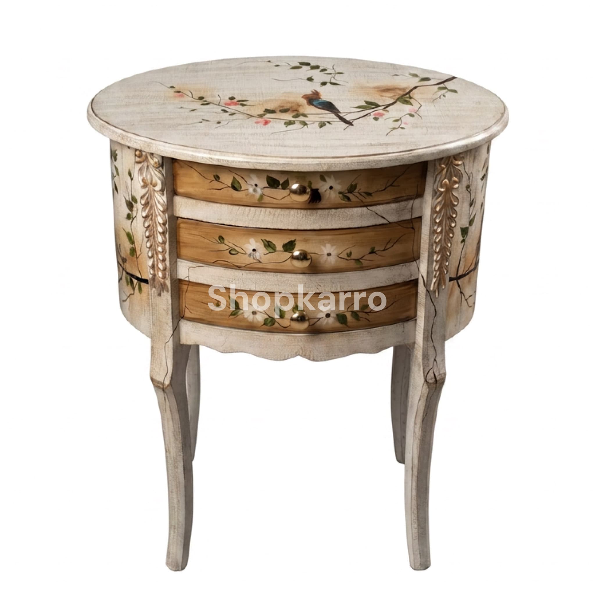 Front view of Nature Bliss Wooden Table showing ivory crackle finish, bird painted top and three floral drawers