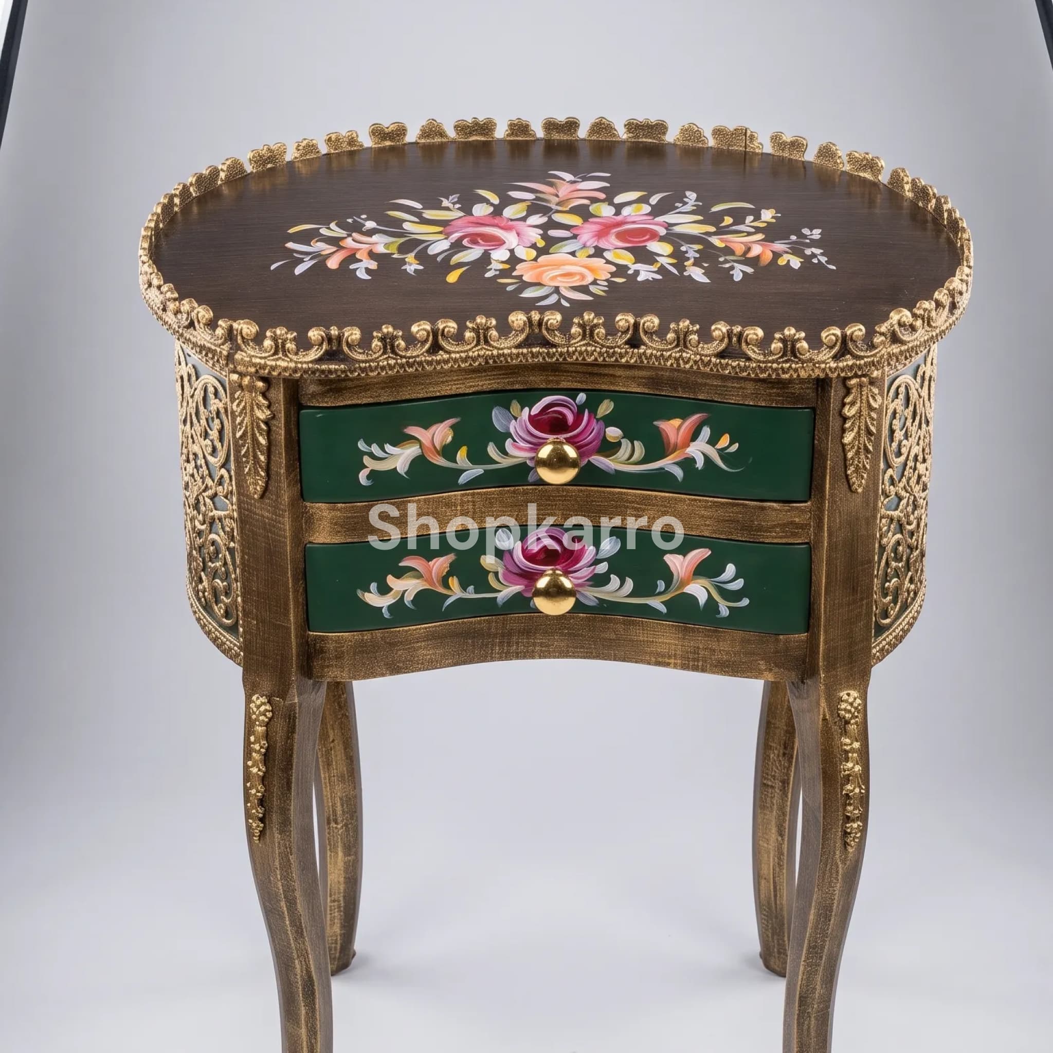 Front view of Rose Vellay Wooden Table showing rose painted top, green drawers and gold claw feet