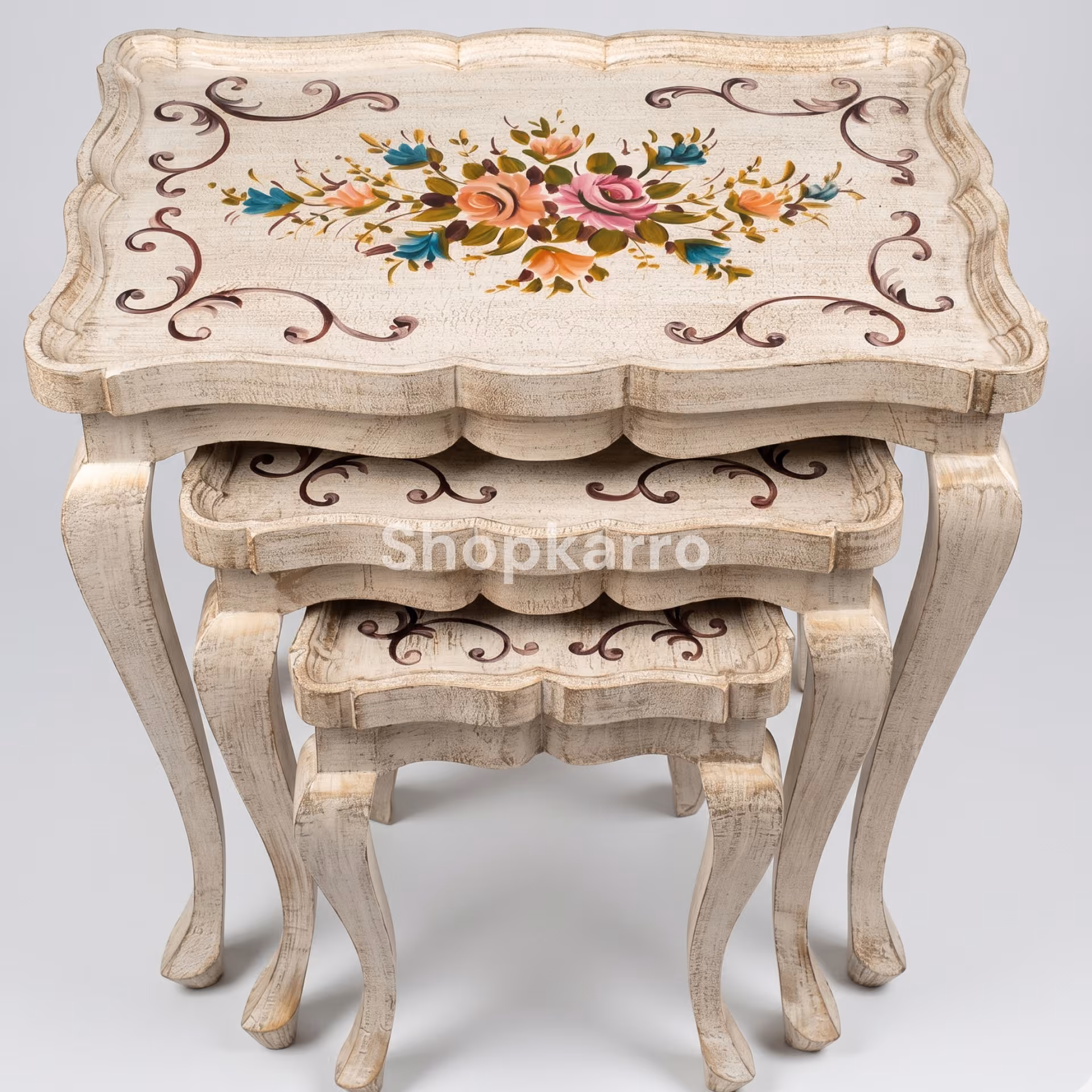 Antique white nesting tables set of 3 with hand-painted floral bouquet design and carved cabriole legs