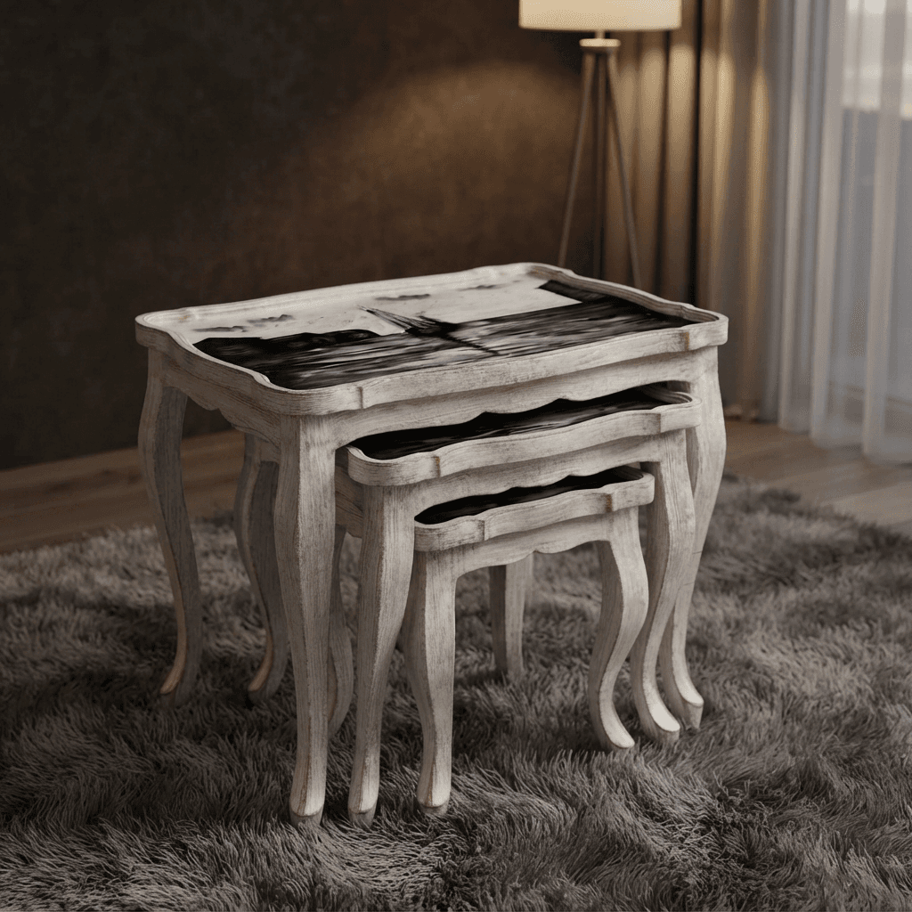 Hand-painted whitewashed nesting tables with night harbor ship scene, set of 3 – Shopkarro Pakistan