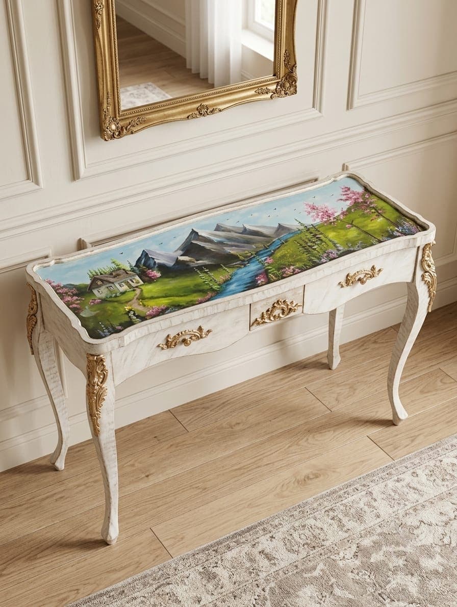 White lacquered Flourish Estate wooden console table with hand-painted alpine cottage landscape and cherry blossom artwork