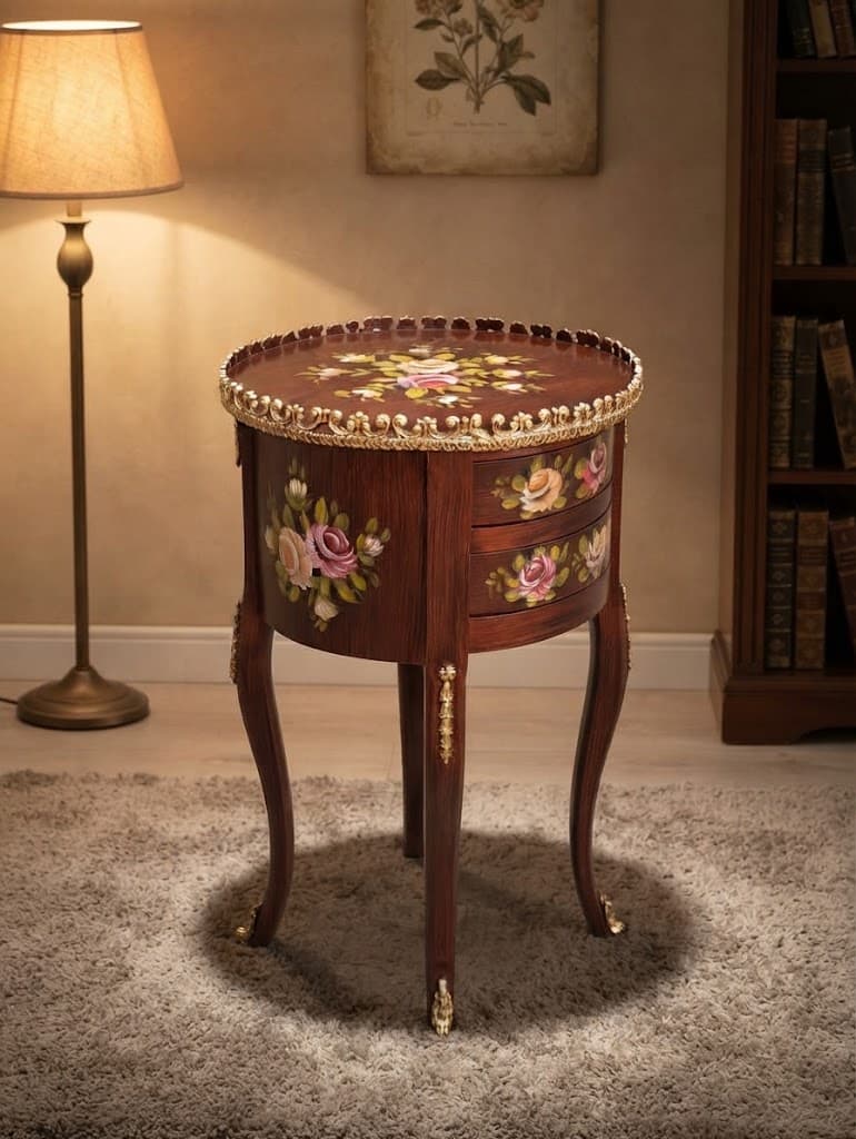 Hand-painted wooden round accent table with floral design and two drawers.