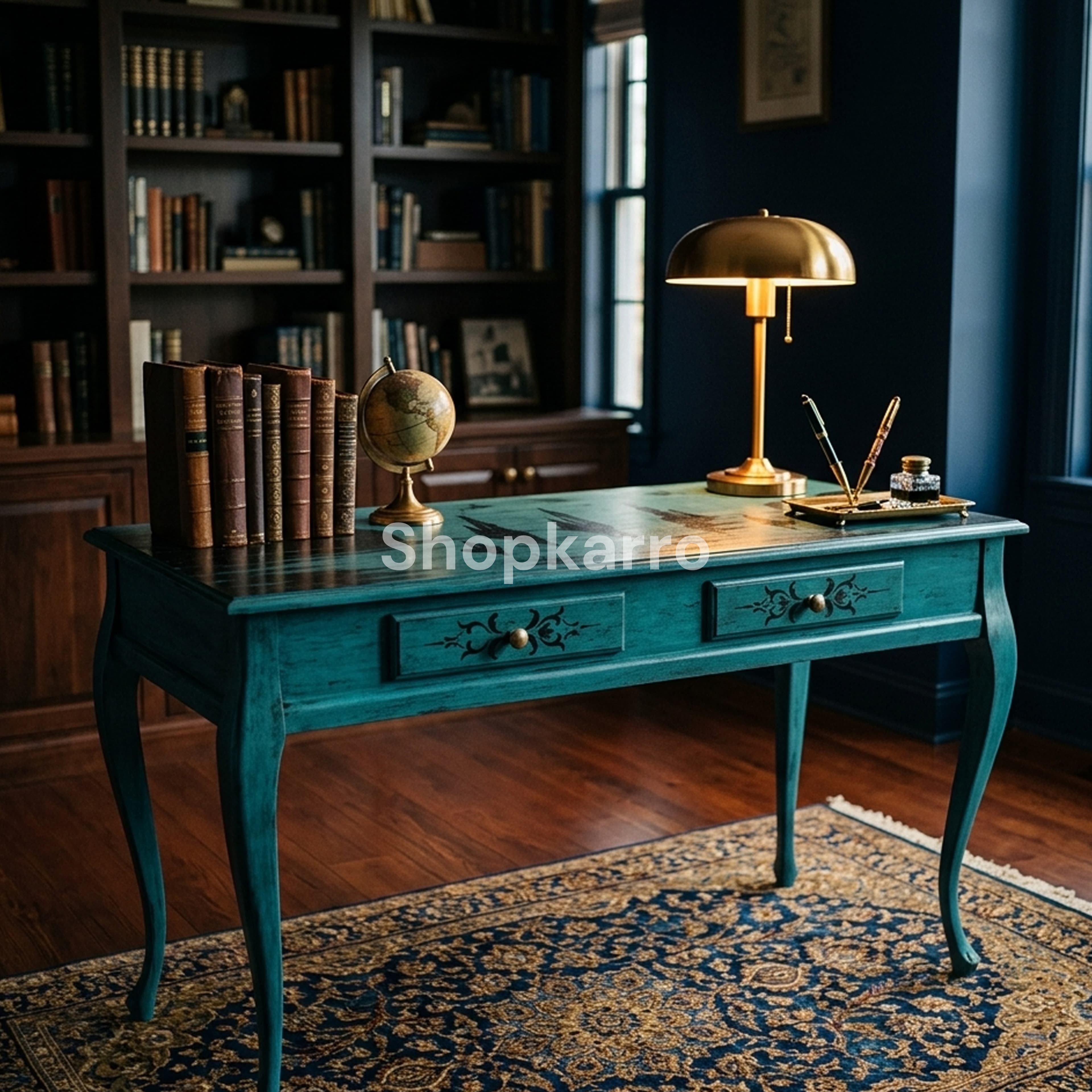 Hand-painted nautical boats and waves on teal console tabletop Shopkarro