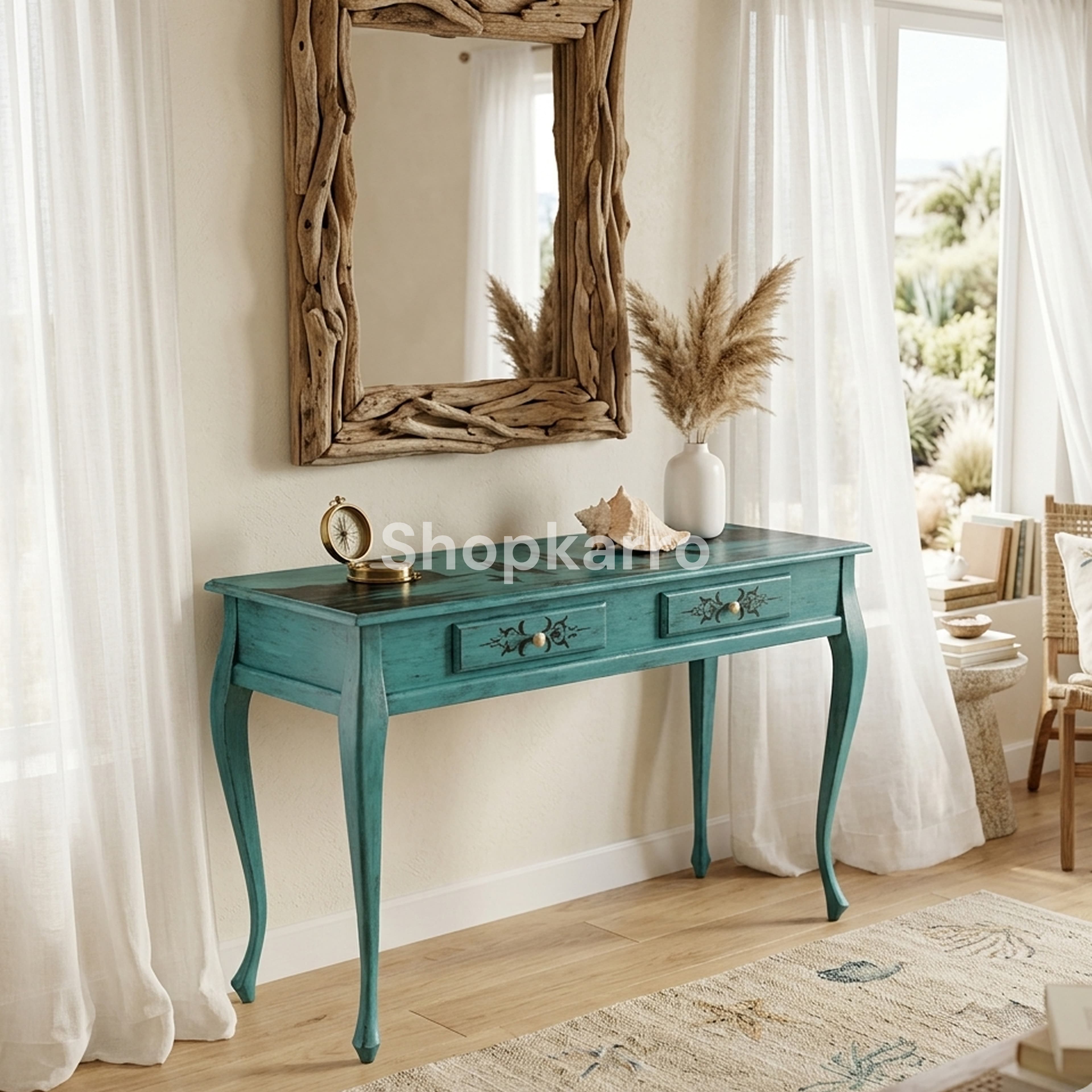 Teal artistic console table 2 drawers curved legs Pakistan