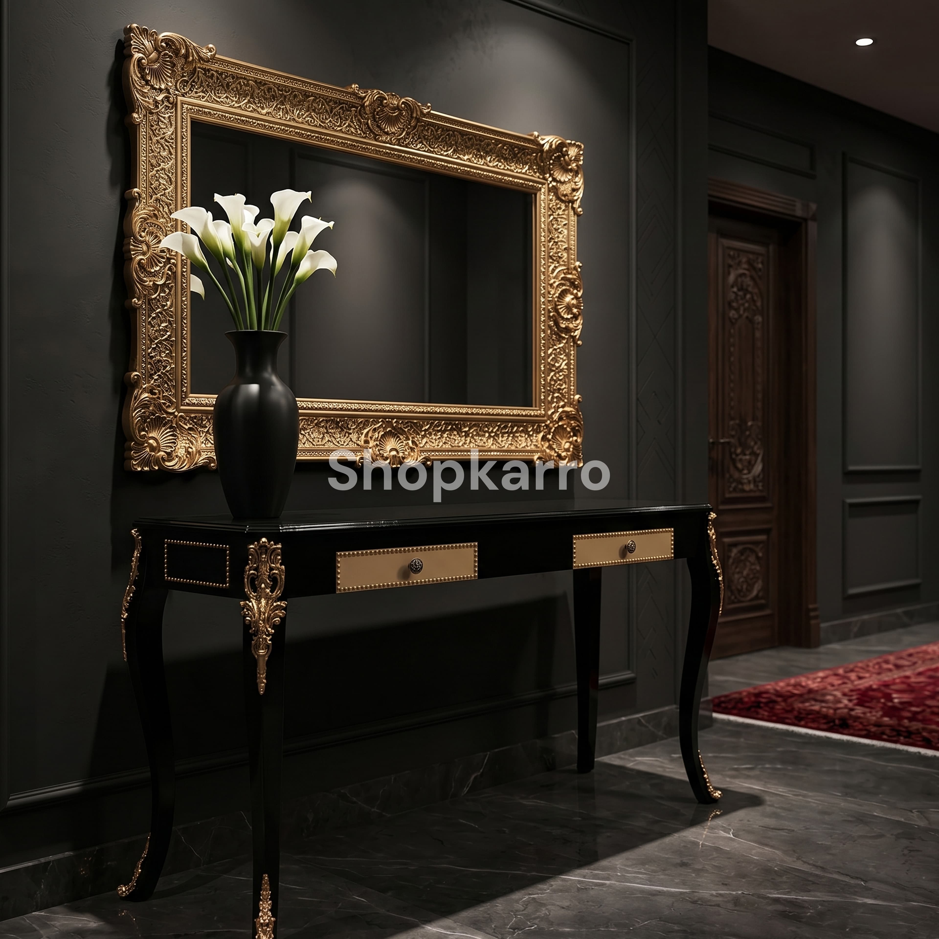 Close-up gold baroque acanthus carved hardware Emperor Noir Console