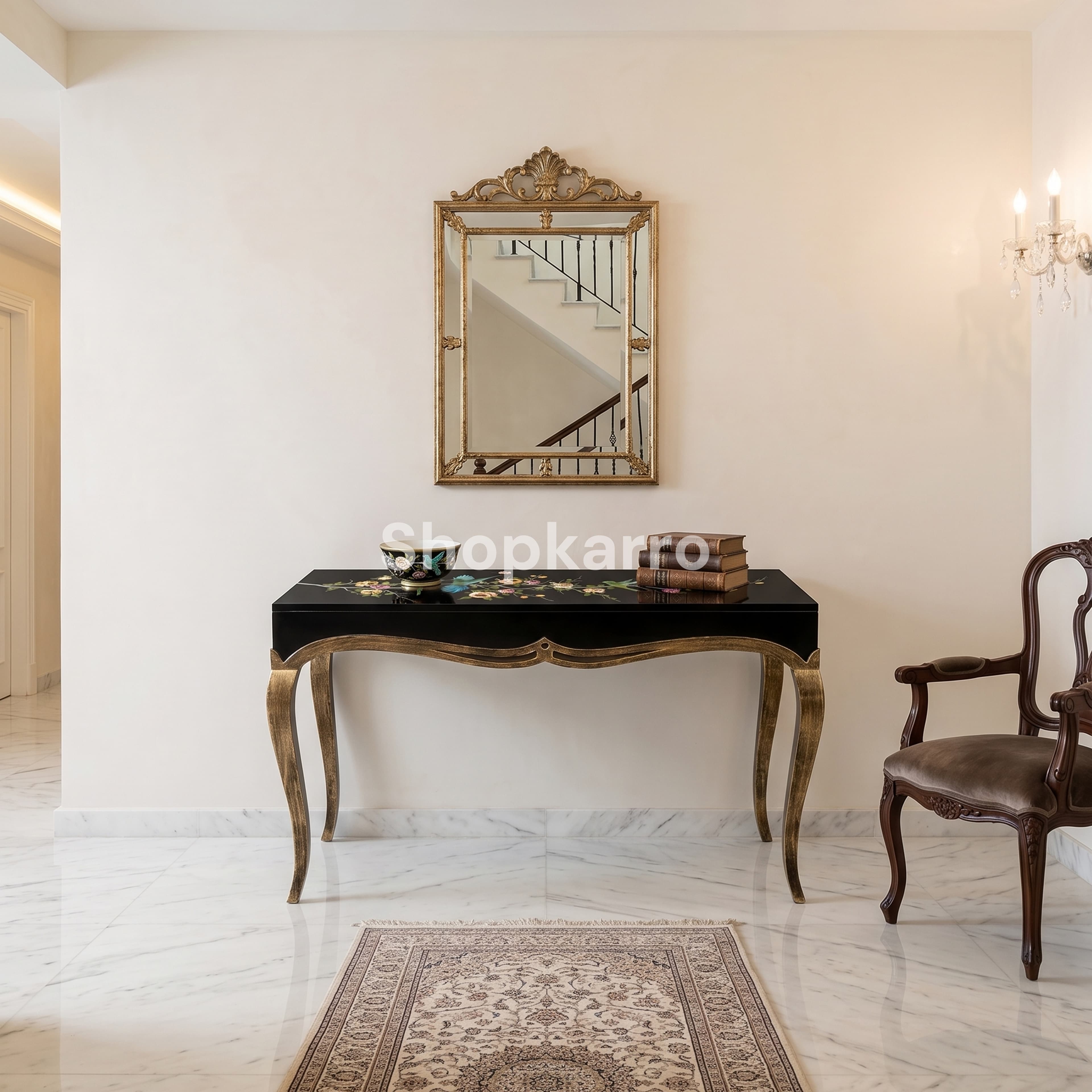 Vogue Bloom Console displayed in a luxury entryway with marble floor and mirror above