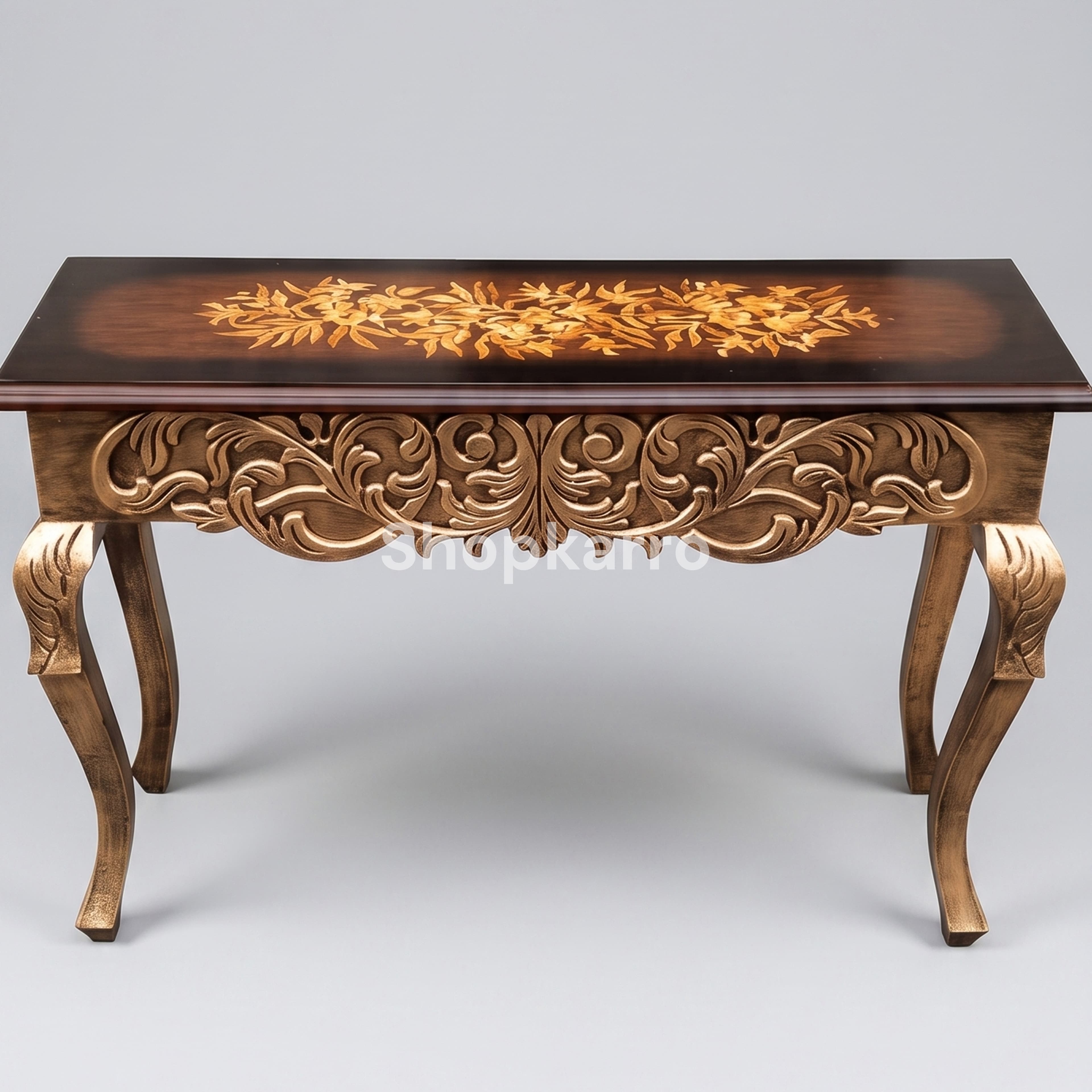 Front view of Royal Amber Console showing ornate carved apron and sculpted gold cabriole legs