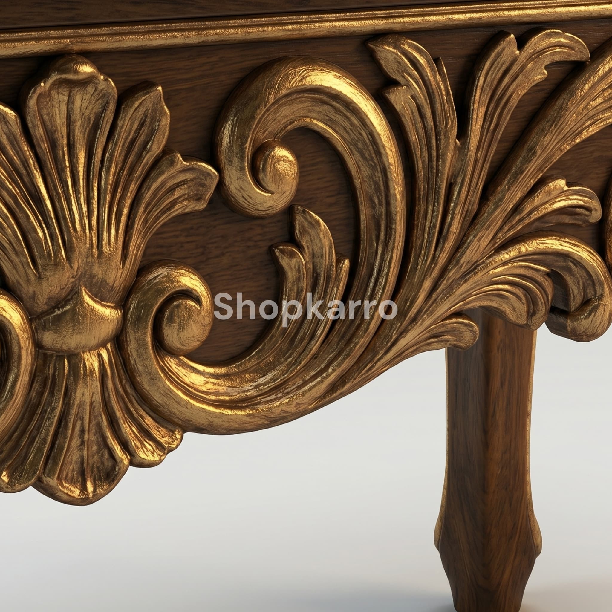Overhead view of hand-painted golden floral bouquet artwork on dark antique brown console tabletop
